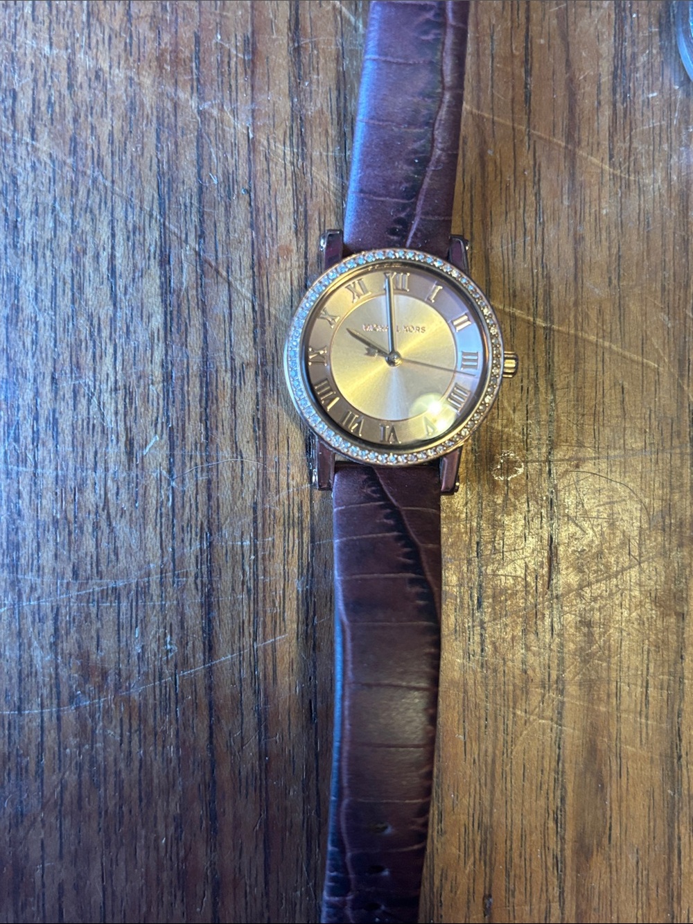 Michael Kors Purple-Brown Leather Strap Watch with Gold Dial and Crystal Bezel